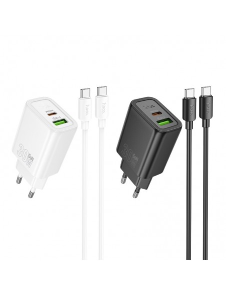 Įkroviklis Hoco N63 30W GaN USB-C/USB-A + USB-C to USB-C cable 1.0m baltas