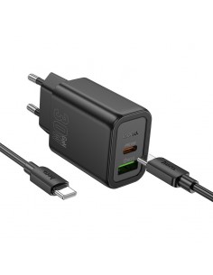 Įkroviklis Hoco N63 30W GaN USB-C/USB-A + USB-C to USB-C cable 1.0m juodas