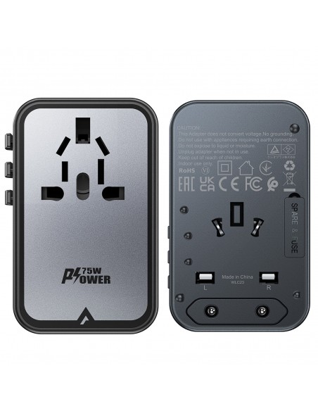 Universalus kelioninis įkroviklis Acefast Z1 75W GaN 2xUSB-A/3xUSB-C juodas