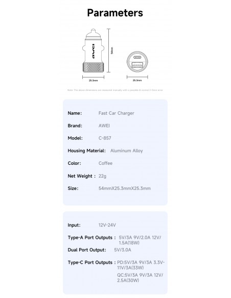 Automobilinis įkroviklis Awei C-857 33W USB-C/USB-A juodas