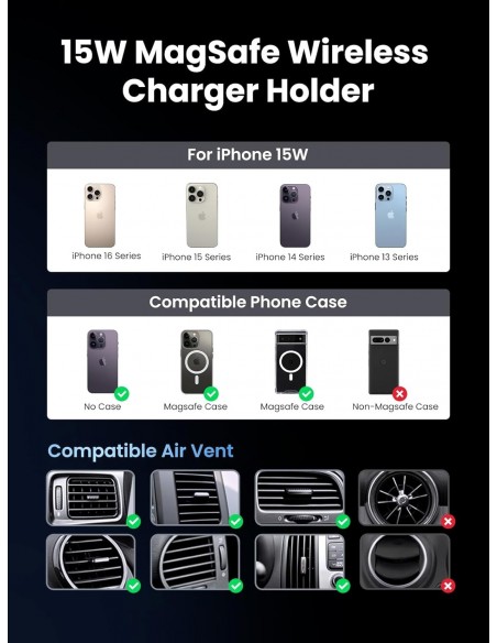 Automobilinis laikiklis-įkroviklis Ugreen W708 MagSafe 15W (35970) juodas