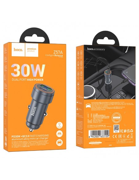 Automobilinis įkroviklis Hoco Z57A 30W USB-C/USB-A pilkas