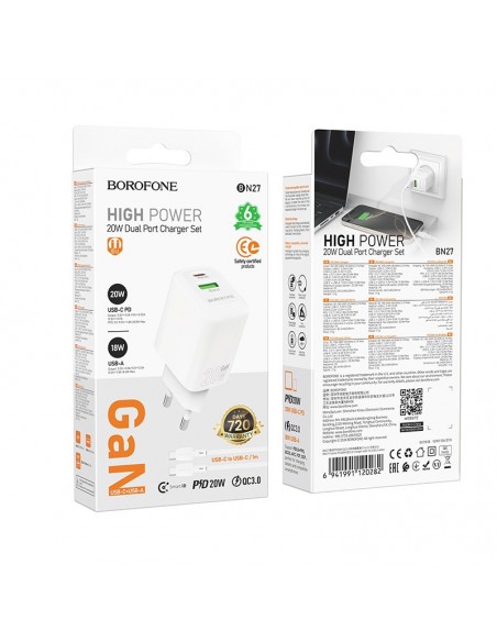 Įkroviklis Borofone BN27 20W USB-C/USB-A + USB-C to USB-C cable 1.0m baltas