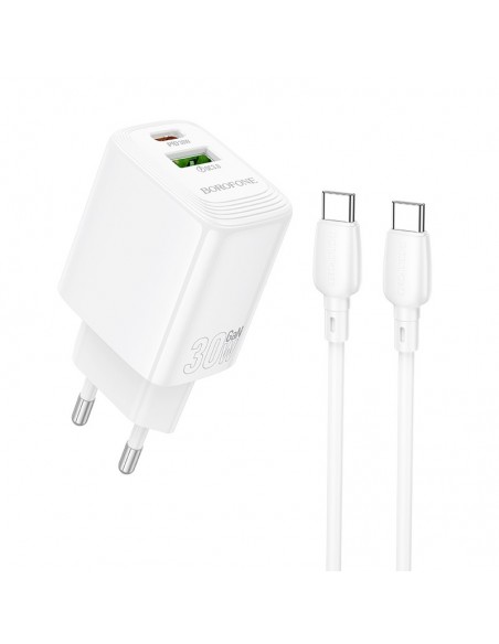 Įkroviklis Borofone BN29 30W USB-C/USB-A + USB-C to USB-C cable 1.0m baltas