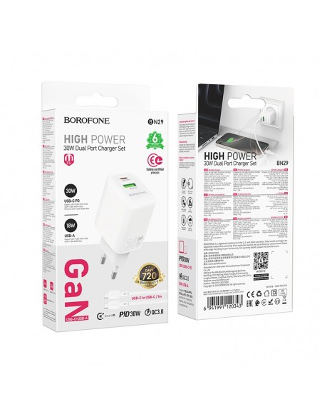 Įkroviklis Borofone BN29 30W USB-C/USB-A + USB-C to USB-C cable 1.0m baltas