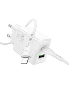 Įkroviklis Hoco N71 30W GaN USB-C/USB-A + USB-C to Lightning cable 1.0m baltas