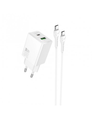 Įkroviklis Hoco N71 30W GaN USB-C/USB-A + USB-C to USB-C cable 1.0m baltas