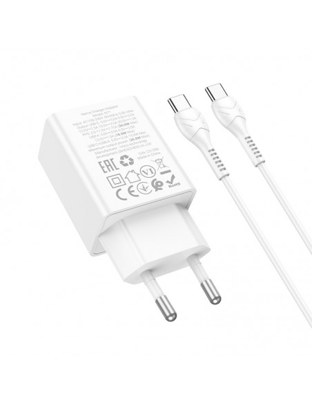 Įkroviklis Hoco N71 30W GaN USB-C/USB-A + USB-C to USB-C cable 1.0m baltas