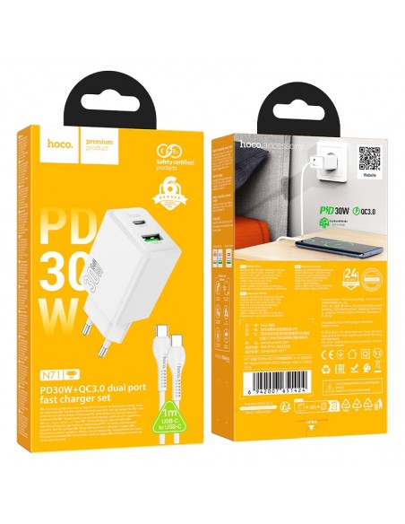 Įkroviklis Hoco N71 30W GaN USB-C/USB-A + USB-C to USB-C cable 1.0m baltas