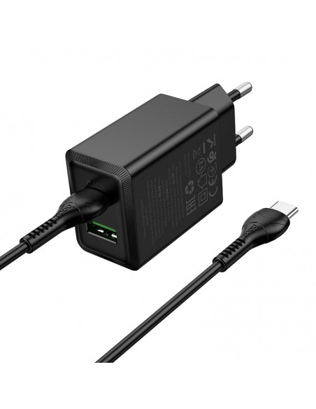 Įkroviklis Hoco N71 30W GaN USB-C/USB-A + USB-C to USB-C cable 1.0m juodas