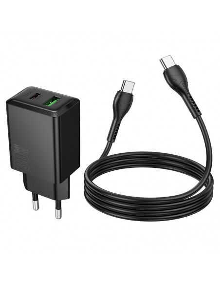 Įkroviklis Hoco N71 30W GaN USB-C/USB-A + USB-C to USB-C cable 1.0m juodas