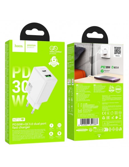 Įkroviklis Hoco N71 30W GaN USB-C/USB-A baltas