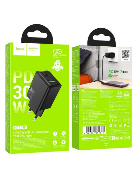 Įkroviklis Hoco N71 30W GaN USB-C/USB-A juodas