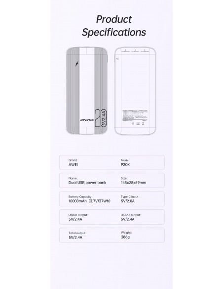 Išorinė baterija Power Bank Awei P19K 5V/2.4A 20000mAh juoda