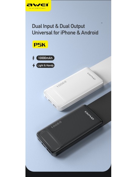 Išorinė baterija Power Bank Awei P5K 5V/2.1A 10000mAh juoda