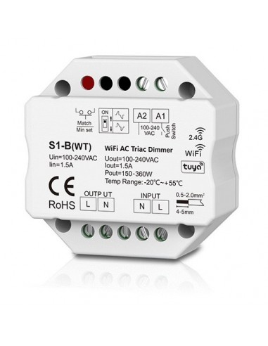S1-B(WT) vieno kanalo 230V valdiklis, TRIAC, Push-Dimm, Tuya, Wi-Fi