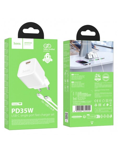 Įkroviklis Hoco N66 35W GaN USB-C/USB-A + USB-C to Lightning cable 1.0m baltas