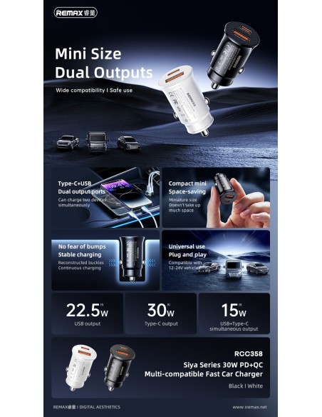 Automobilinis įkroviklis Remax RCC358 30W USB-C/USB-A juodas