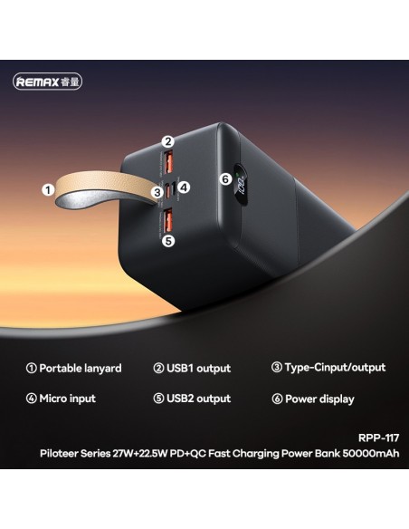 Išorinė baterija Power Bank Remax RPP-117 22.5W 50000mAh juoda