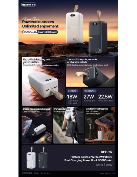 Išorinė baterija Power Bank Remax RPP-117 22.5W 50000mAh juoda