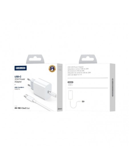 Įkroviklis Jellico AK180 20W USB-C + USB-C to USB-C cable 1.0m baltas