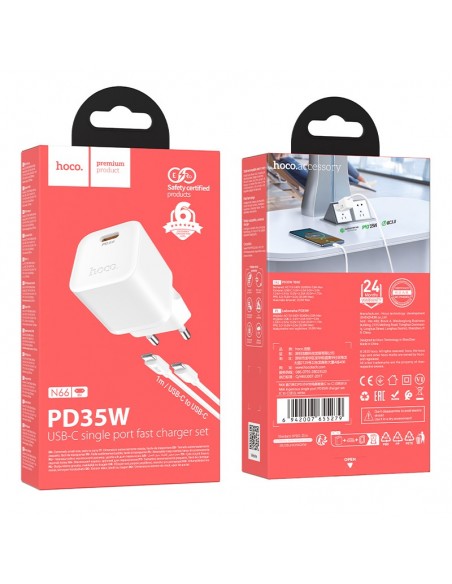 Įkroviklis Hoco N66 35W GaN USB-C/USB-A + USB-C to USB-C cable 1.0m baltas