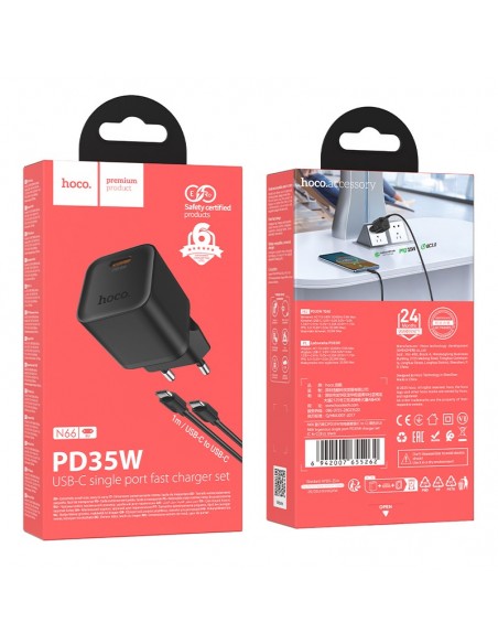 Įkroviklis Hoco N66 35W GaN USB-C/USB-A + USB-C to USB-C cable 1.0m juodas
