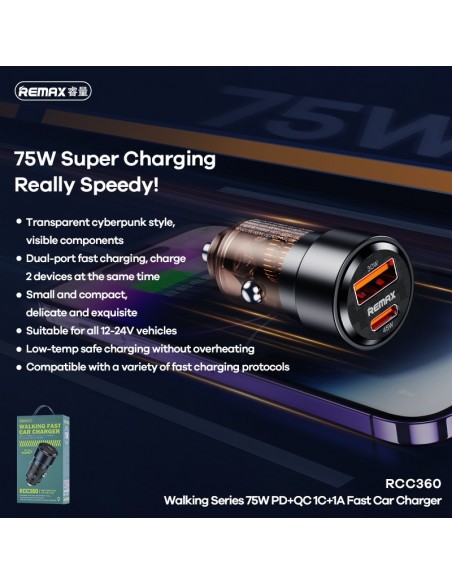 Automobilinis įkroviklis Remax RCC360 75W USB-C/USB-A juodas