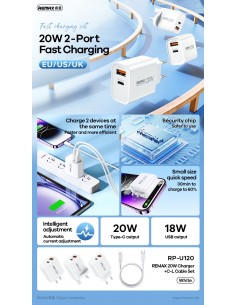 Įkroviklis Remax RP-U120 20W USB-C/USB-A + USB-C to Lightning cable 1.0m baltas 2