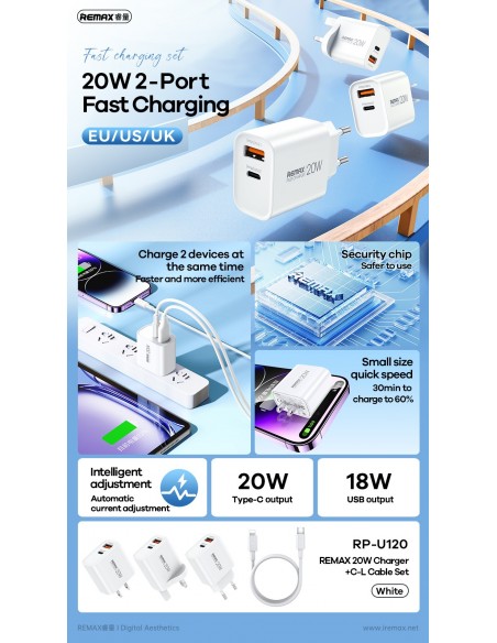 Įkroviklis Remax RP-U120 20W USB-C/USB-A + USB-C to Lightning cable 1.0m baltas