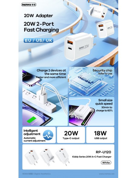Įkroviklis Remax RP-U120 20W USB-C/USB-A baltas
