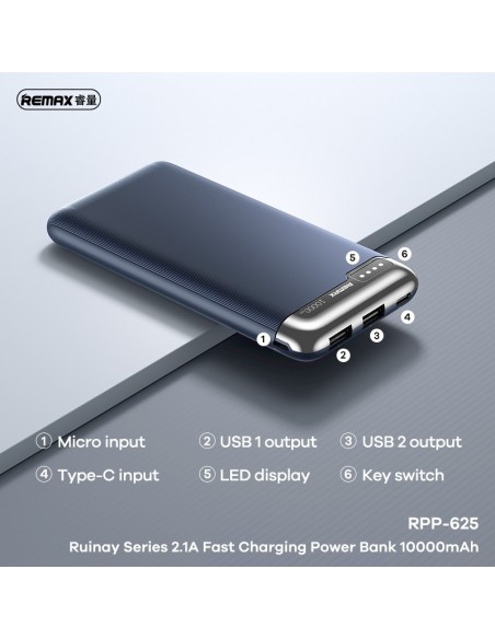 Išorinė baterija Power Bank Remax RPP-625 10000mAh mėlyna