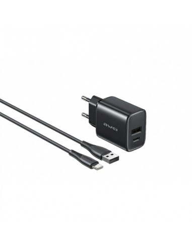 Įkroviklis Awei PD85T-EU 22.5W USB-A/USB-C + USB-A to USB-C cable 1.0m juodas