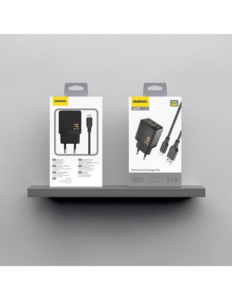 Įkroviklis Dudao A23T 12W USB-A + USB-A to USB-C cable 1.0m juodas