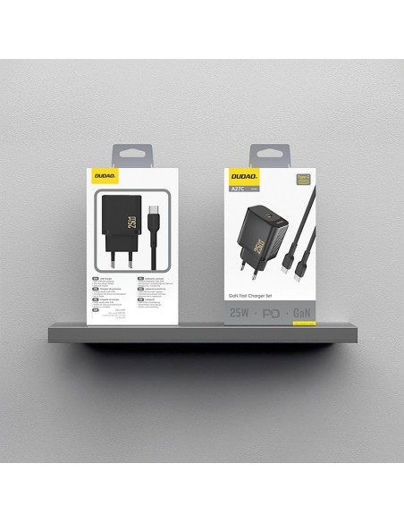 Įkroviklis Dudao A27C GaN 25W USB-C + USB-C to USB-C cable 1.0m juodas