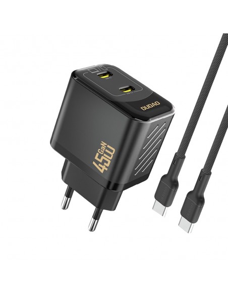 Įkroviklis Dudao A28PC GaN 45W 2xUSB-C + USB-C to USB-C cable 1.0m juodas