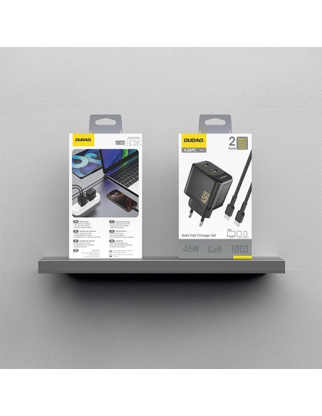Įkroviklis Dudao A28PC GaN 45W 2xUSB-C + USB-C to USB-C cable 1.0m juodas