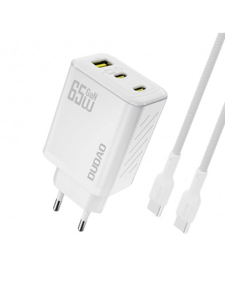 Įkroviklis Dudao A29C GaN 65W 2xUSB-C/USB-A + USB-C to USB-C cable 1.0m baltas