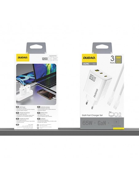 Įkroviklis Dudao A29C GaN 65W 2xUSB-C/USB-A + USB-C to USB-C cable 1.0m baltas