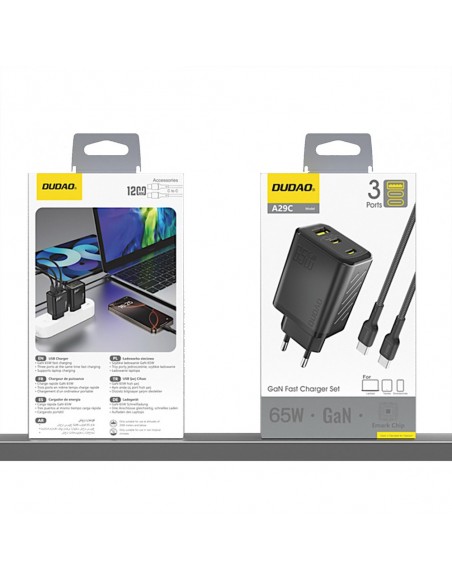 Įkroviklis Dudao A29C GaN 65W 2xUSB-C/USB-A + USB-C to USB-C cable 1.0m juodas