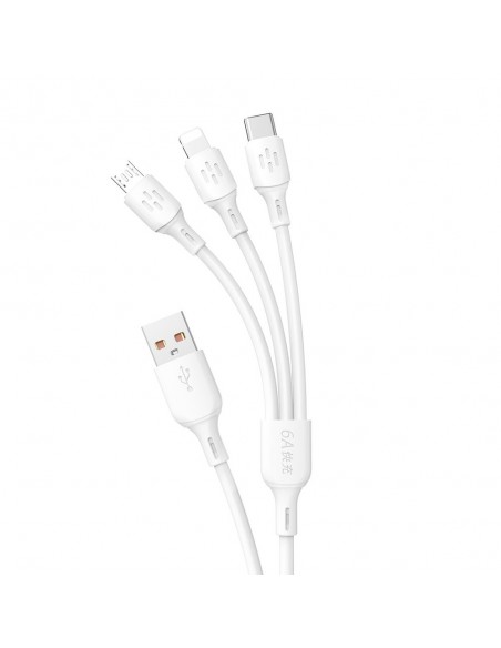 USB kabelis Dudao L8A-3in1 USB-A to USB-C/MicroUSB/Lightning 6A 1.2m baltas