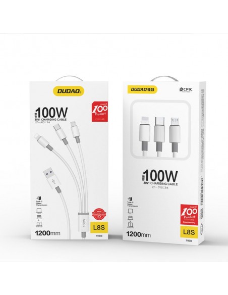USB kabelis Dudao L8s-3in1 USB-A to USB-C/MicroUSB/Lightning 100W 1.2m baltas