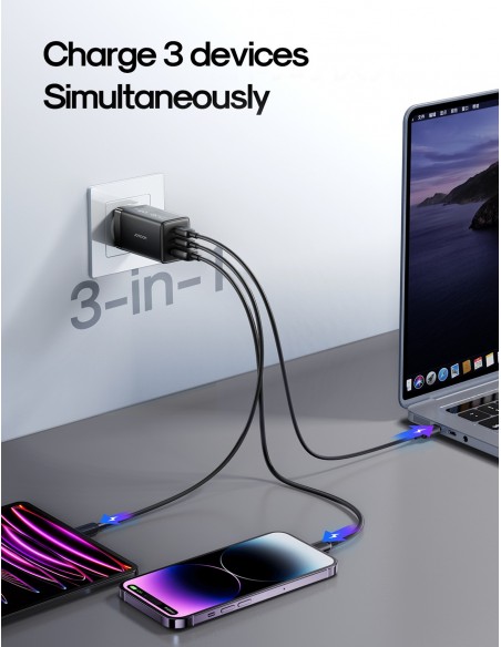 Įkroviklis Joyroom JR-TG10 GaN 65W 2xUSB-C/USB-A + USB-C to USB-C 100W 1.2m cable juodas