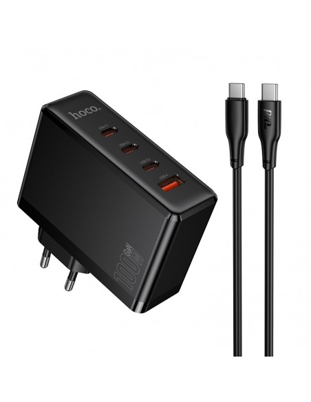 Įkroviklis Hoco N85 100W 3xUSB-C/USB-A + USB-C to USB-C 100W cable 2.0m juodas