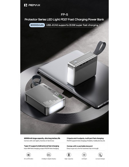 Išorinė baterija Power Bank Remax FP-5 27W 60000mAh pilka