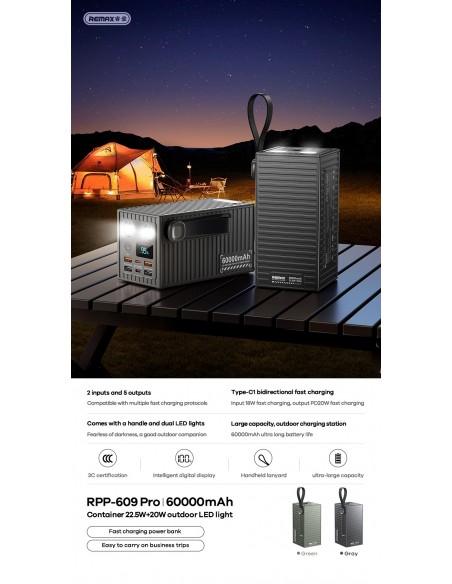 Išorinė baterija Power Bank Remax RPP-609 Pro 22.5W 60000mAh pilka