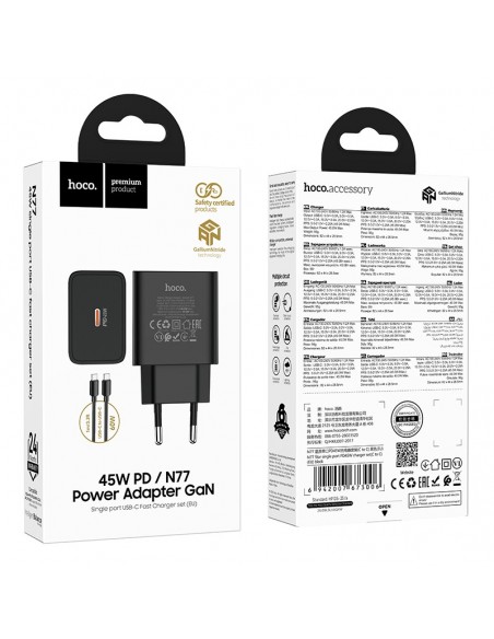 Įkroviklis Hoco N77 45W USB-C + USB-C to USB-C cable 1.0m juodas